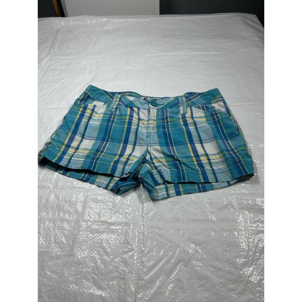 SO Plaid Shorts Size 7 Juniors Blue Yellow Y2K Cotton Summer Shorts
